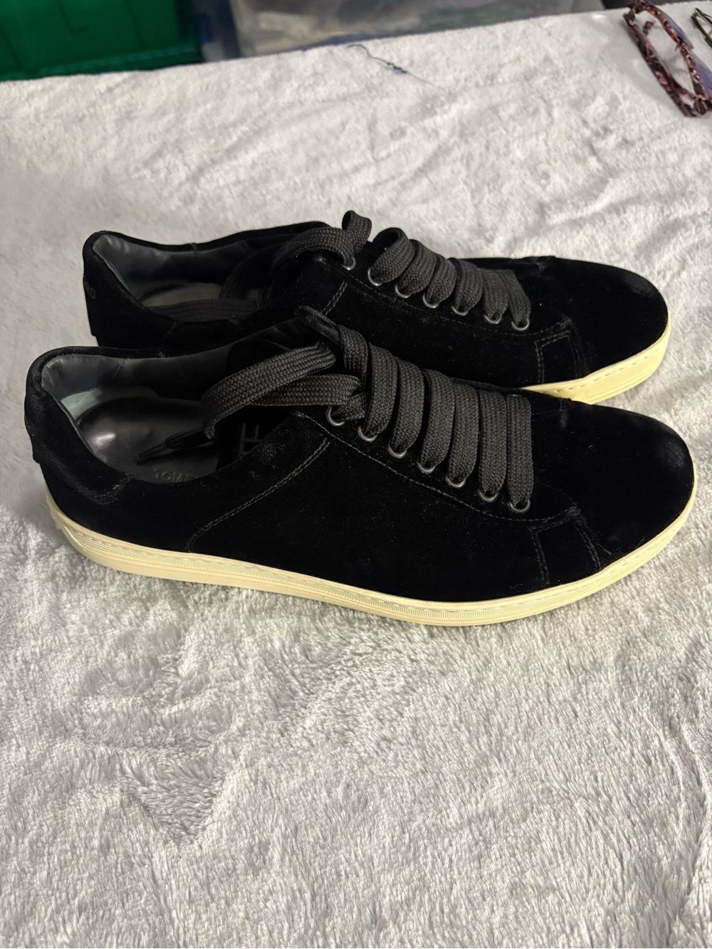 Tom Ford Black Velvet Low-Top Sneakers with Off-White Sole